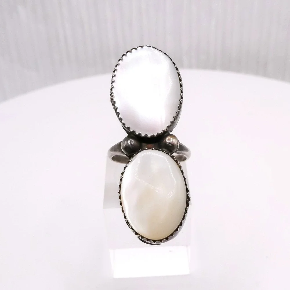 Navajo Sterling Silver 925 White Mother Of Pearl Half Finger Ring Sz 5.5 Vintage